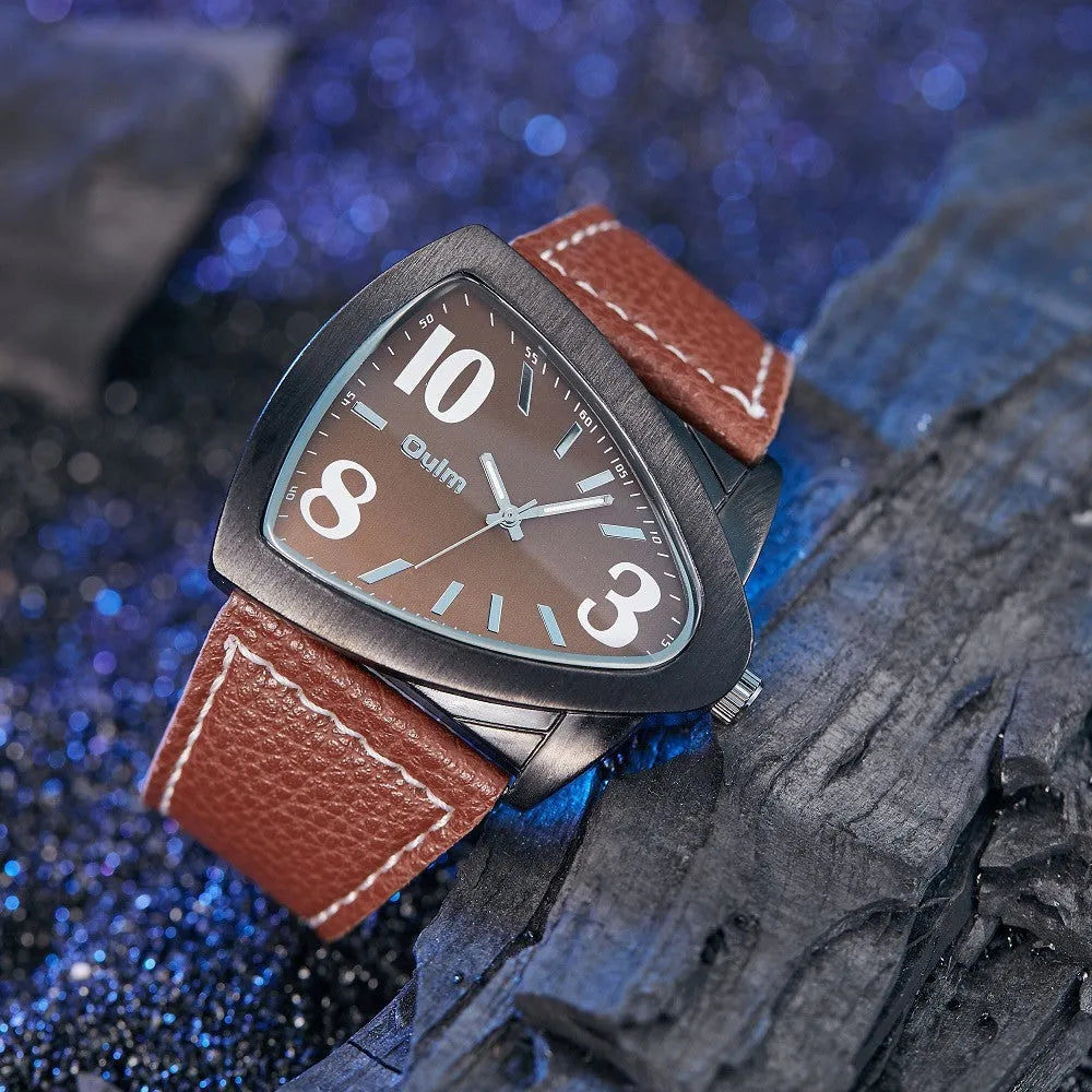 Men's brown casual quartz watch with triangle pattern belt strap showing 9mm thickness