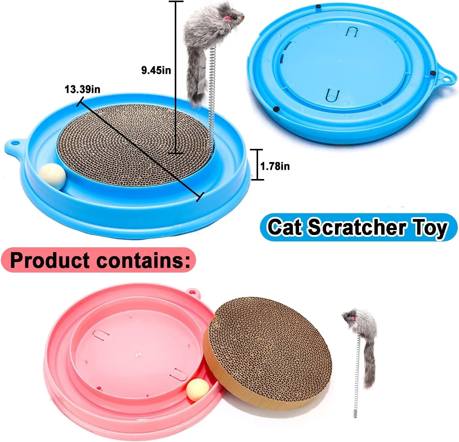Blue cat scratching post with replaceable cardboard pad, ball track, and mouse swatter accessory