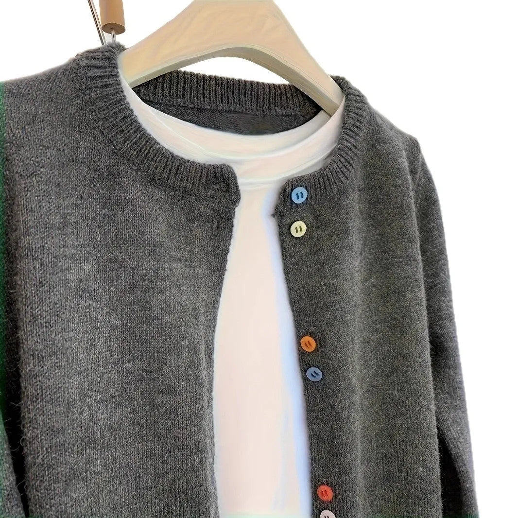 Women's dark grey polyester cardigan sweater with button front and long sleeves