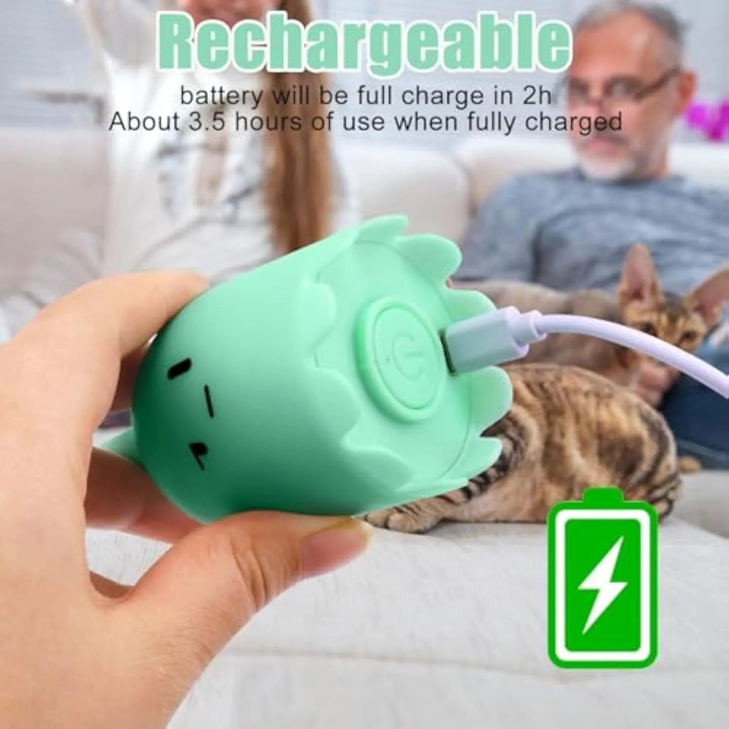 Green automatic cat wand toy with motorised silicone tails swinging, for indoor cat play.