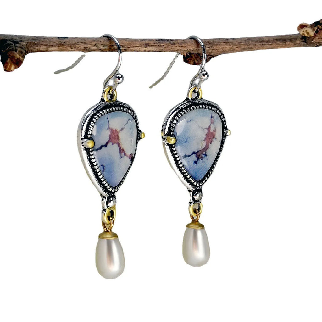 Retro blue drop earrings with geometric design and synthetic opal pearl details