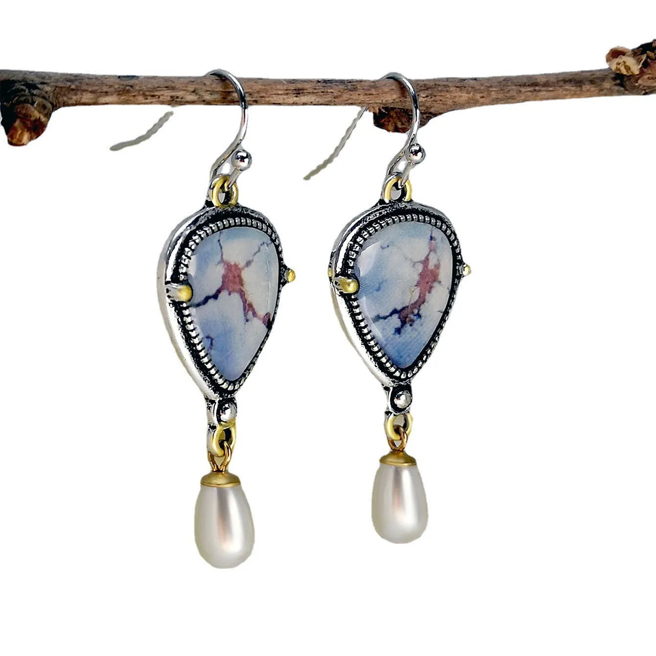 Retro blue drop earrings with geometric design and synthetic opal pearl details