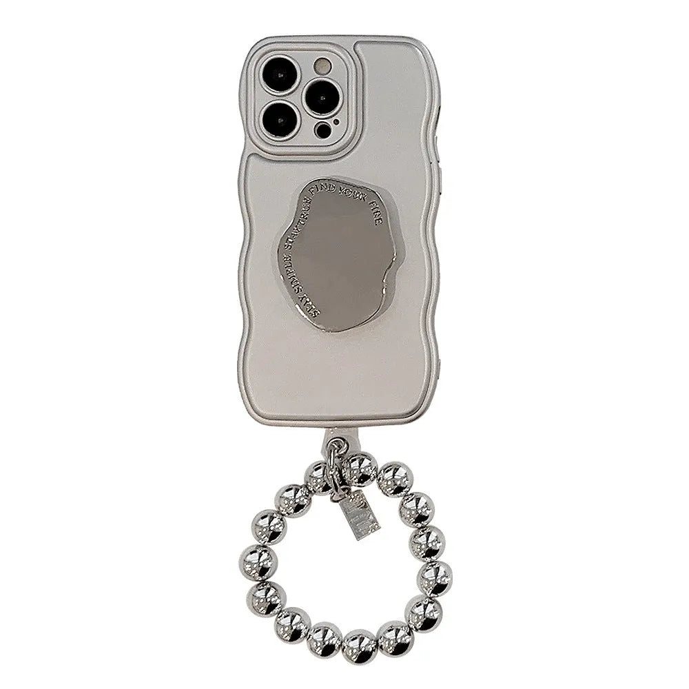 Niche metal silver electroplating bracket phone case for Apple iPhone with lanyard holder and hand bead, geometric art style