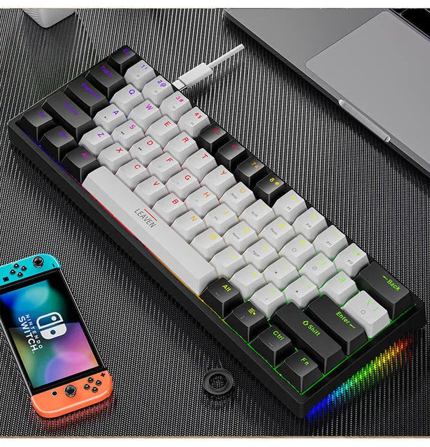 61-key blue switch mechanical keyboard with seven-color backlight, compact ABS build, Type-C wired connection