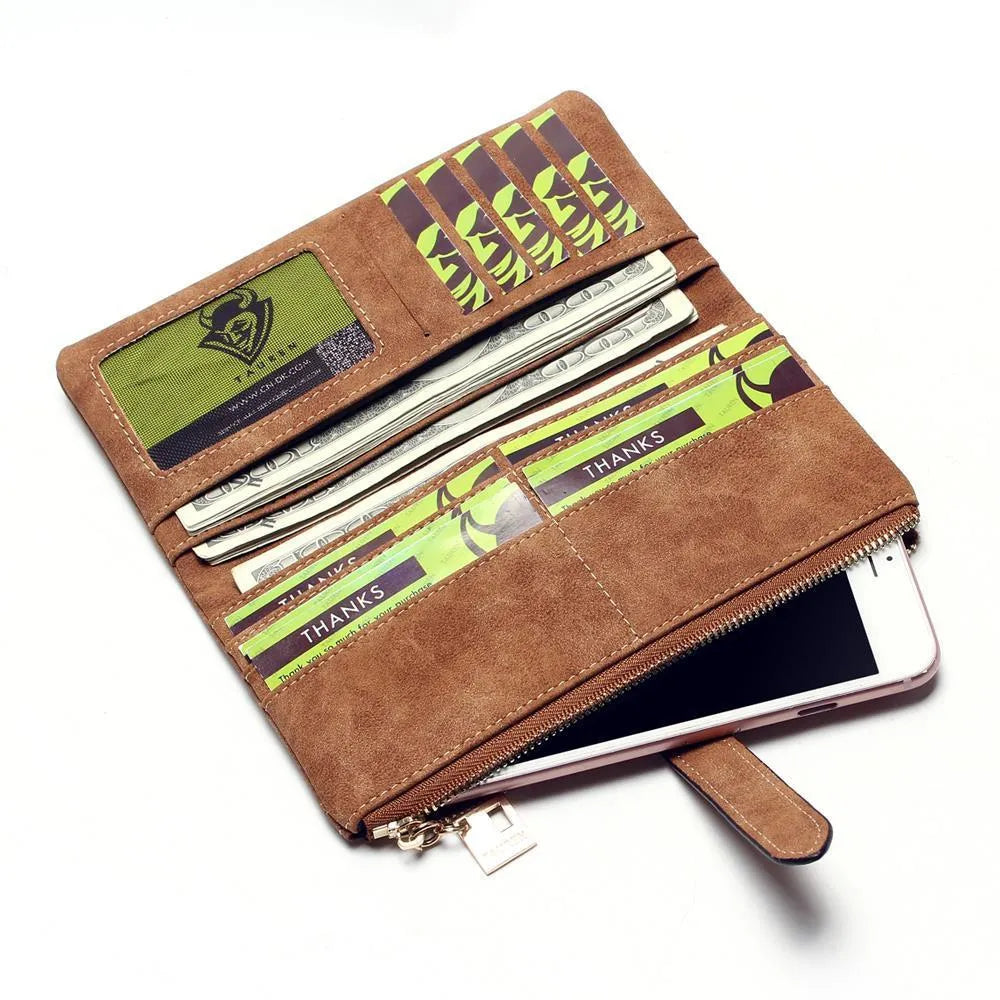Korean retro style long wallet in soft PU leather with decorative lock and zip closure