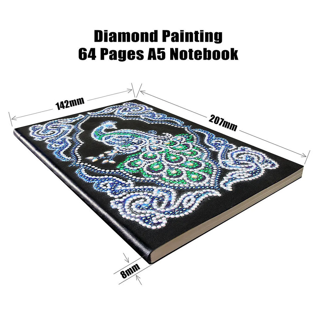 Peacock diamond painting decorative A5 journal notebook with black cover