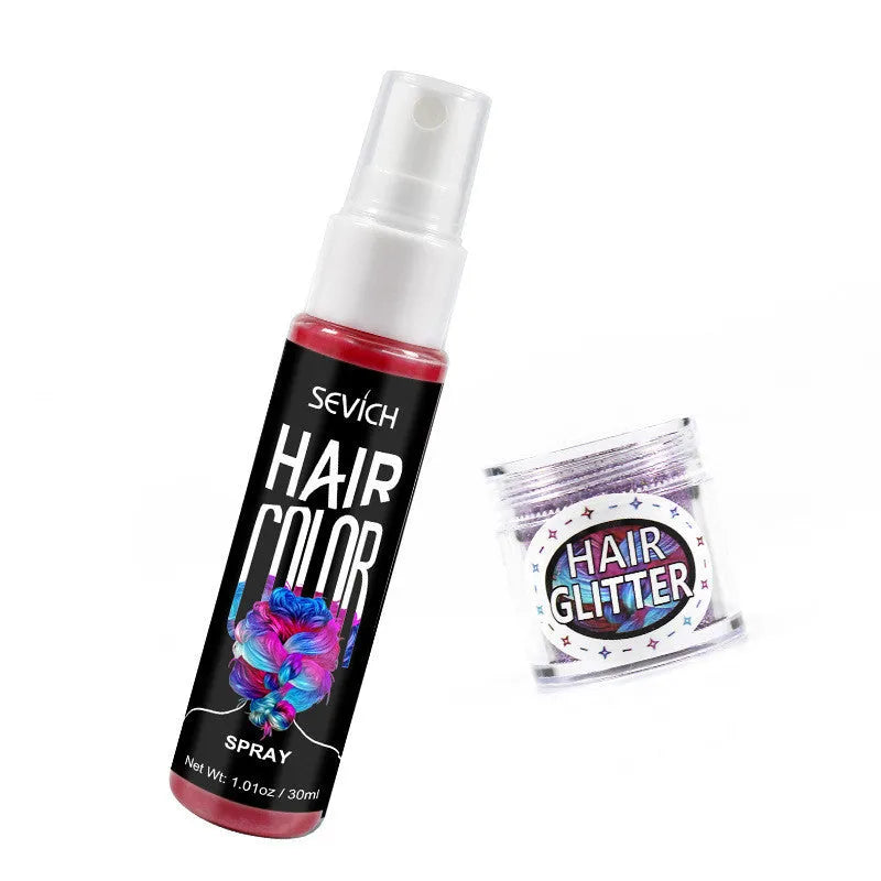 Disposable hair dye spray canister with temporary colour options in blue, grey, pink, purple, red, and white shades