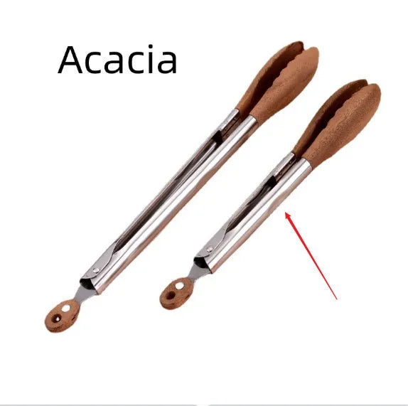 Stainless steel food tong with wood handle in walnut or acacia, 9 or 12 inch size option