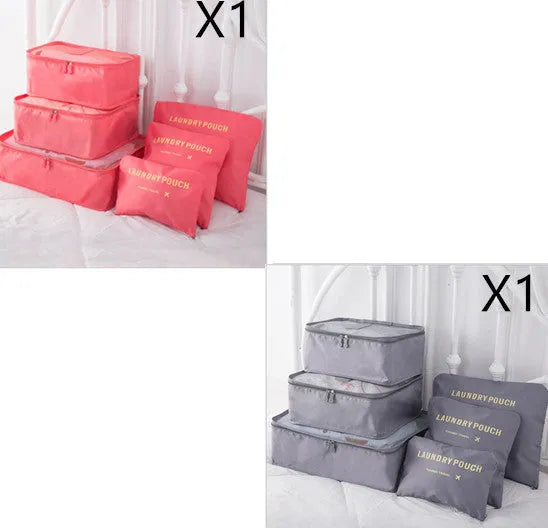 6 piece polyester travel storage bag set in hand bag type shape for clothes and cosmetic organisation, various colour options