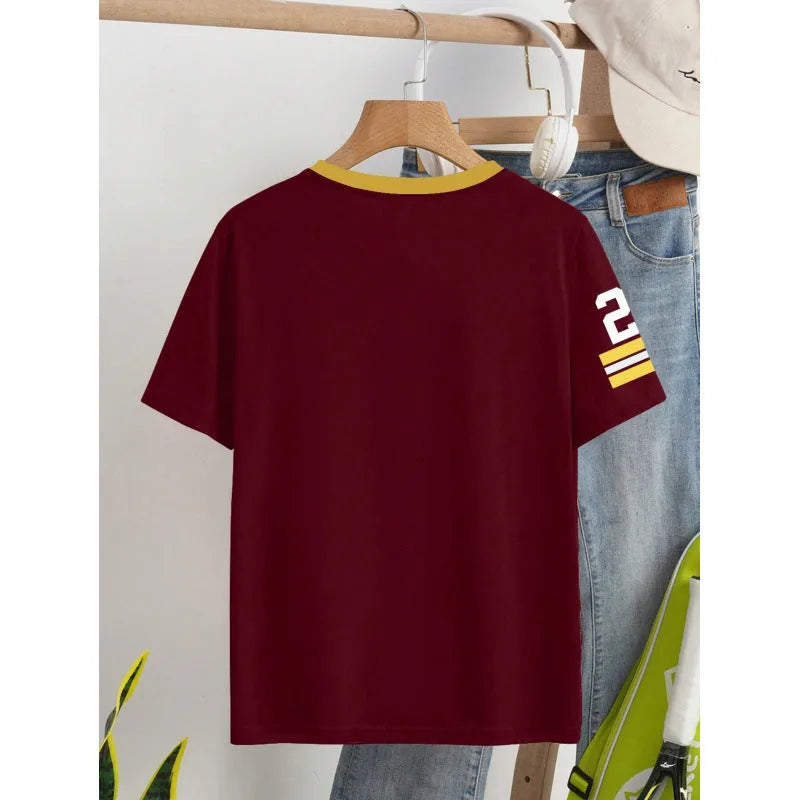 Red loose-fit cotton T-shirt with white digital letter printing on the front.