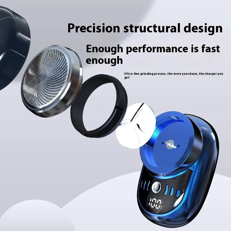 Mini electric shaver with LED digital display, black finish, and removable cutter head for travel use