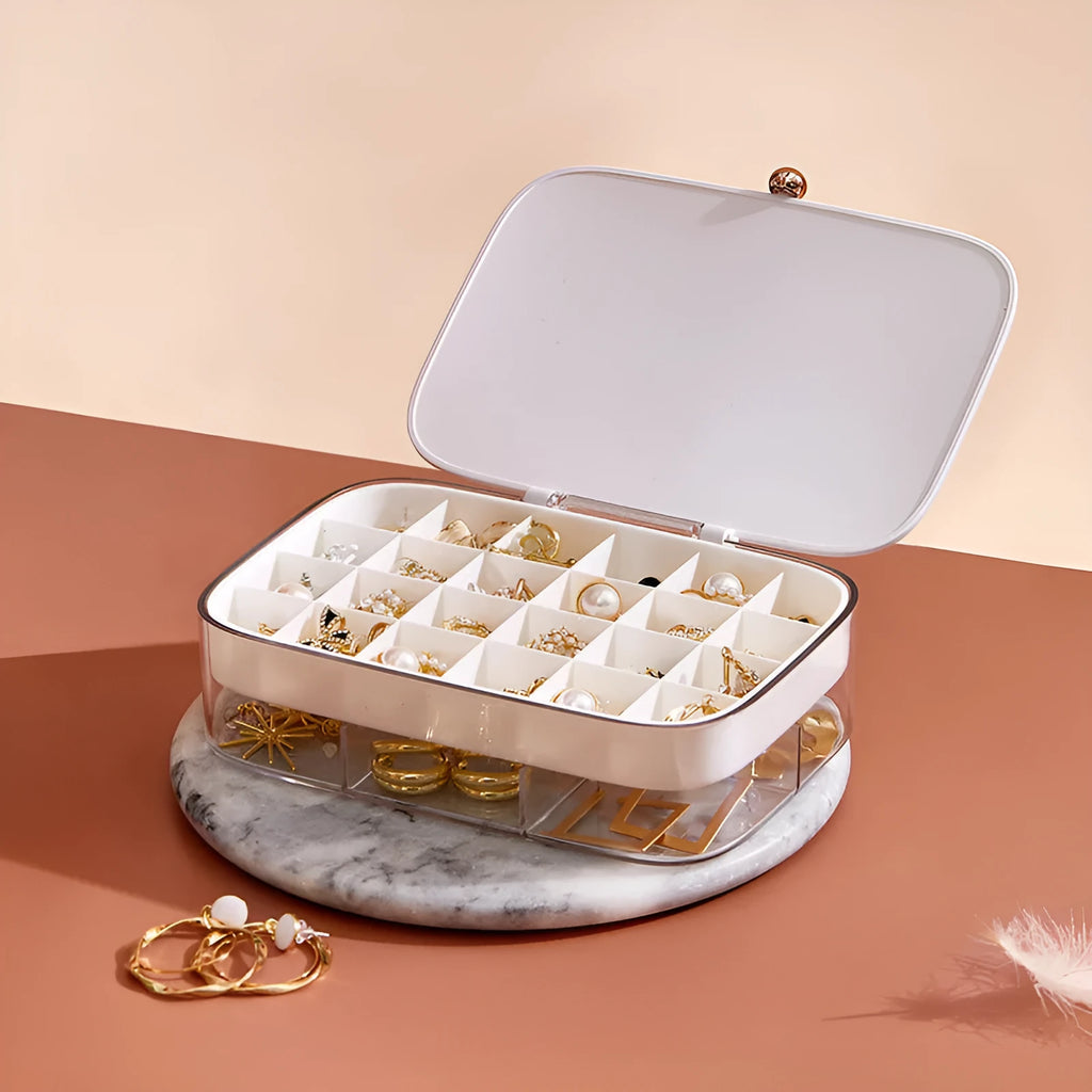 Green multi-layer jewelry storage box with modern minimalist design showing dimensions of 17 by 11 cm