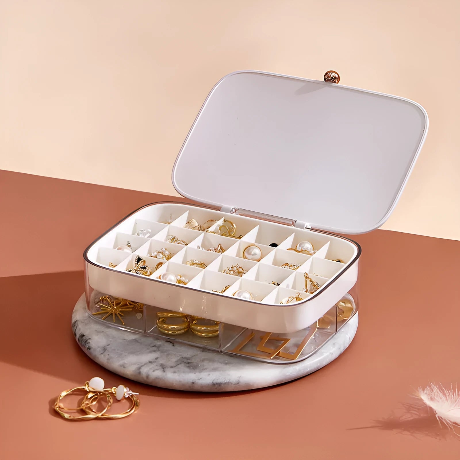 Green multi-layer jewelry storage box with modern minimalist design showing dimensions of 17 by 11 cm