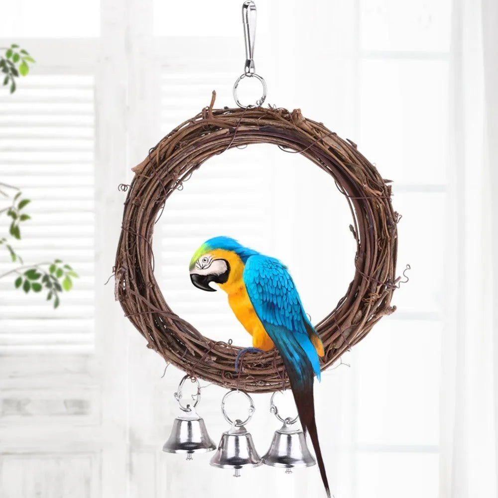 Natural rattan parrot swing measuring 26x16cm in brown, attached to cage bars