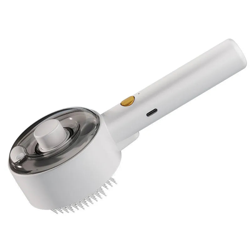 Ceramic white pet grooming brush with UVC blue light, misting nozzle, and soft needles for dog and cat hair removal