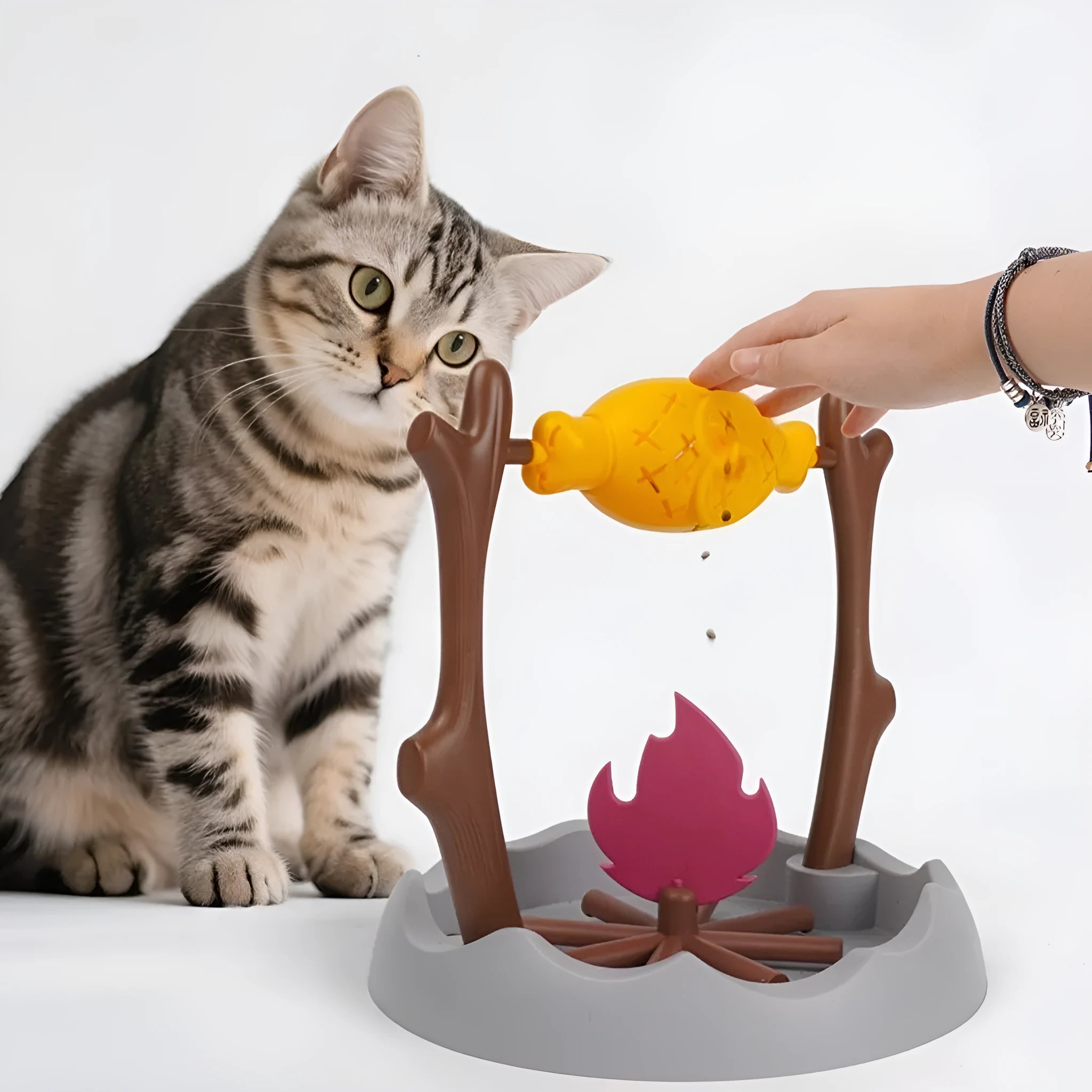 Barbecue-style cat food feeder toy with tumbling design and leakage food dispenser