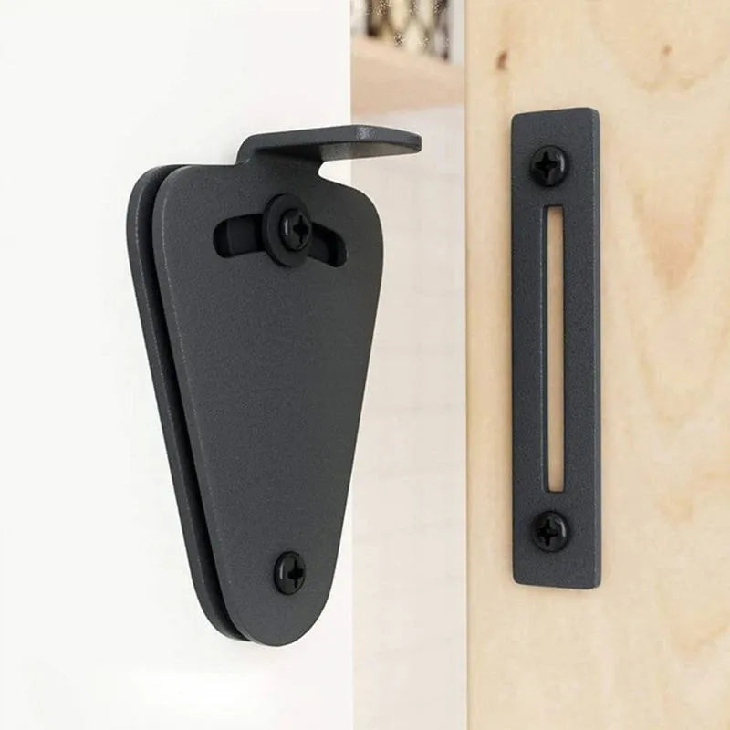 Black stainless steel sliding barn door lock shown in M and S size options