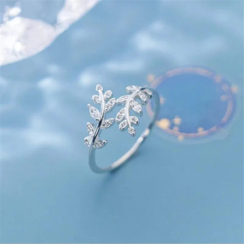 Women's leaf branch ring with geometric design in electroplated copper gold or silver finish