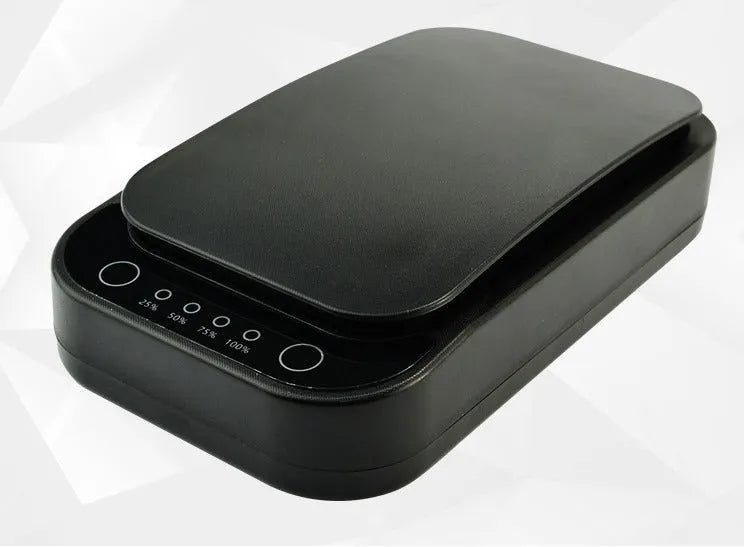 Blue and white ultraviolet disinfection box for mobile phones, showing compact design.