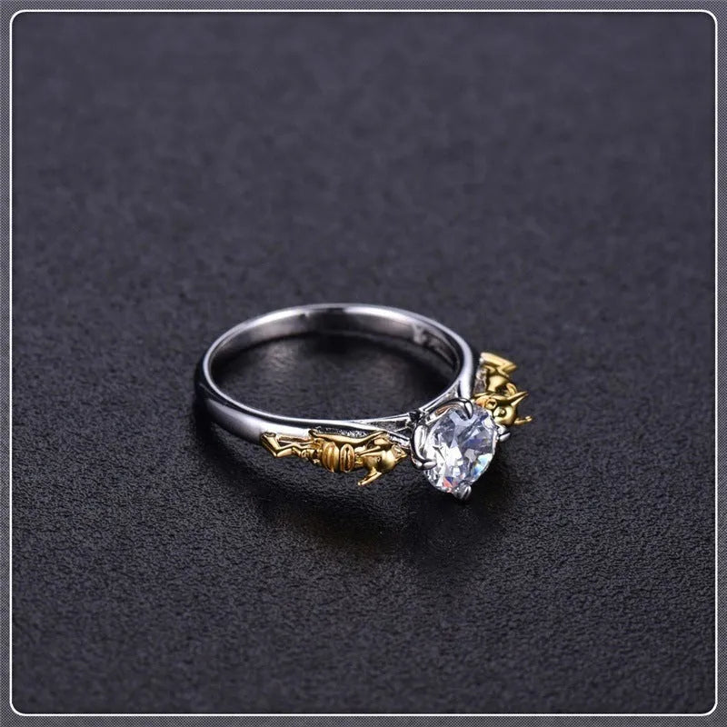Copper crown cosplay ring with black gold finish and crystal details.