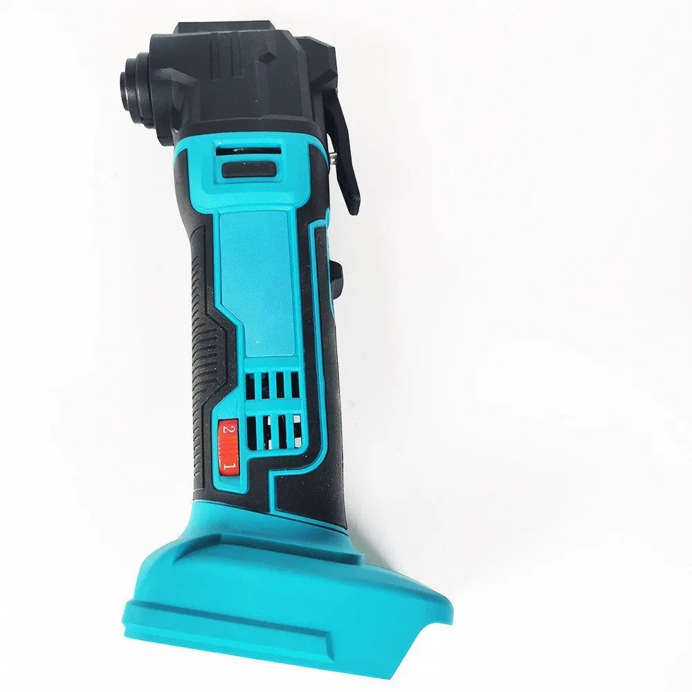 Rechargeable lithium battery garden trimming machine with metal body and 5 accessories in a plastic box.
