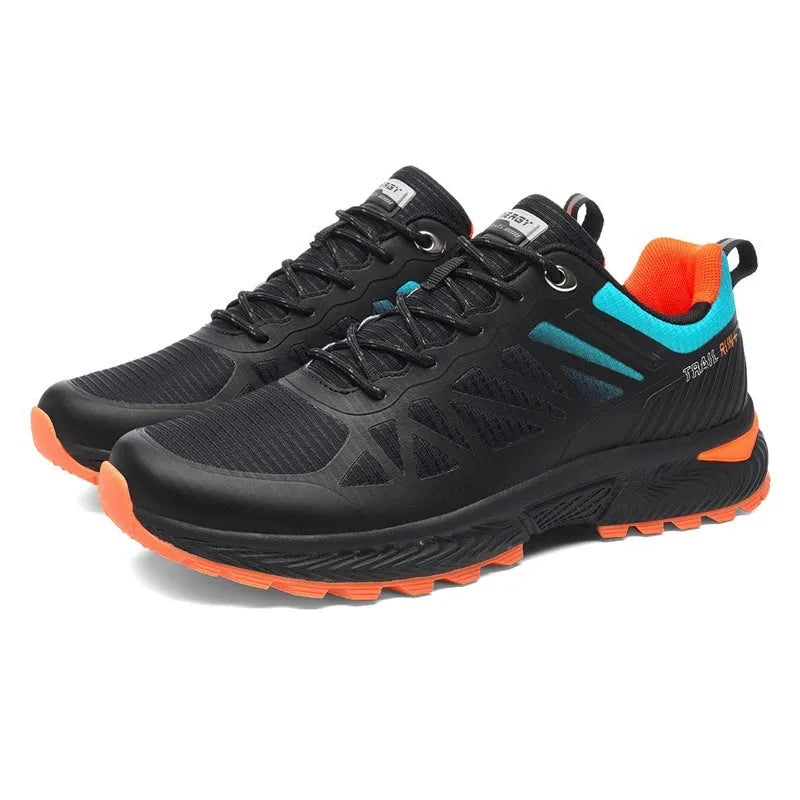 Men's black mesh running shoe with round toe, flat heel, and lace-up front.