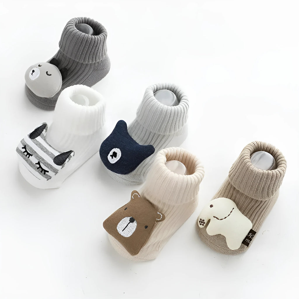 Baby non-slip socks with glue print sole in blue white bear colour, loose fit combed cotton middle tube