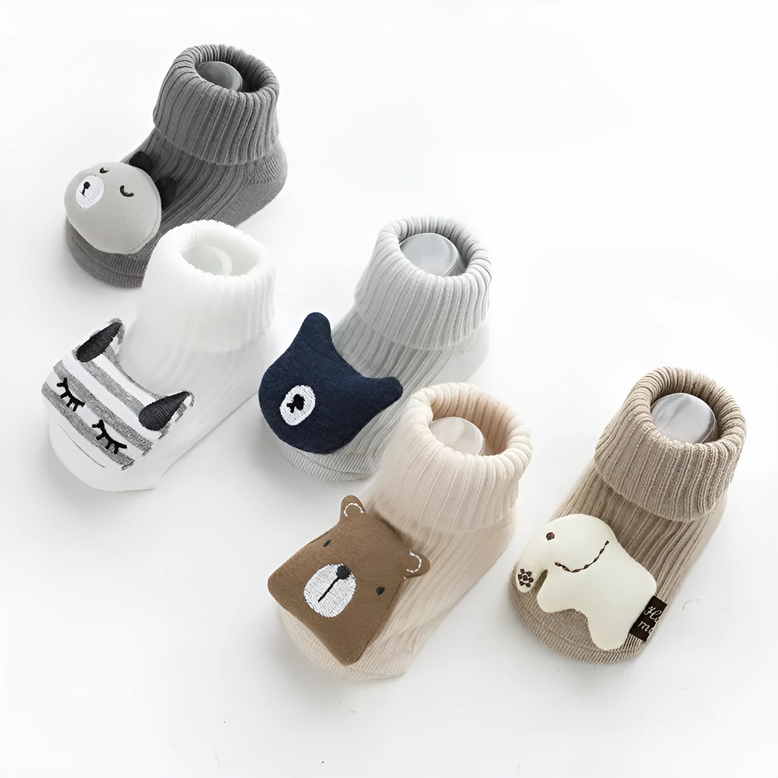 Baby non-slip socks with glue print sole in blue white bear colour, loose fit combed cotton middle tube