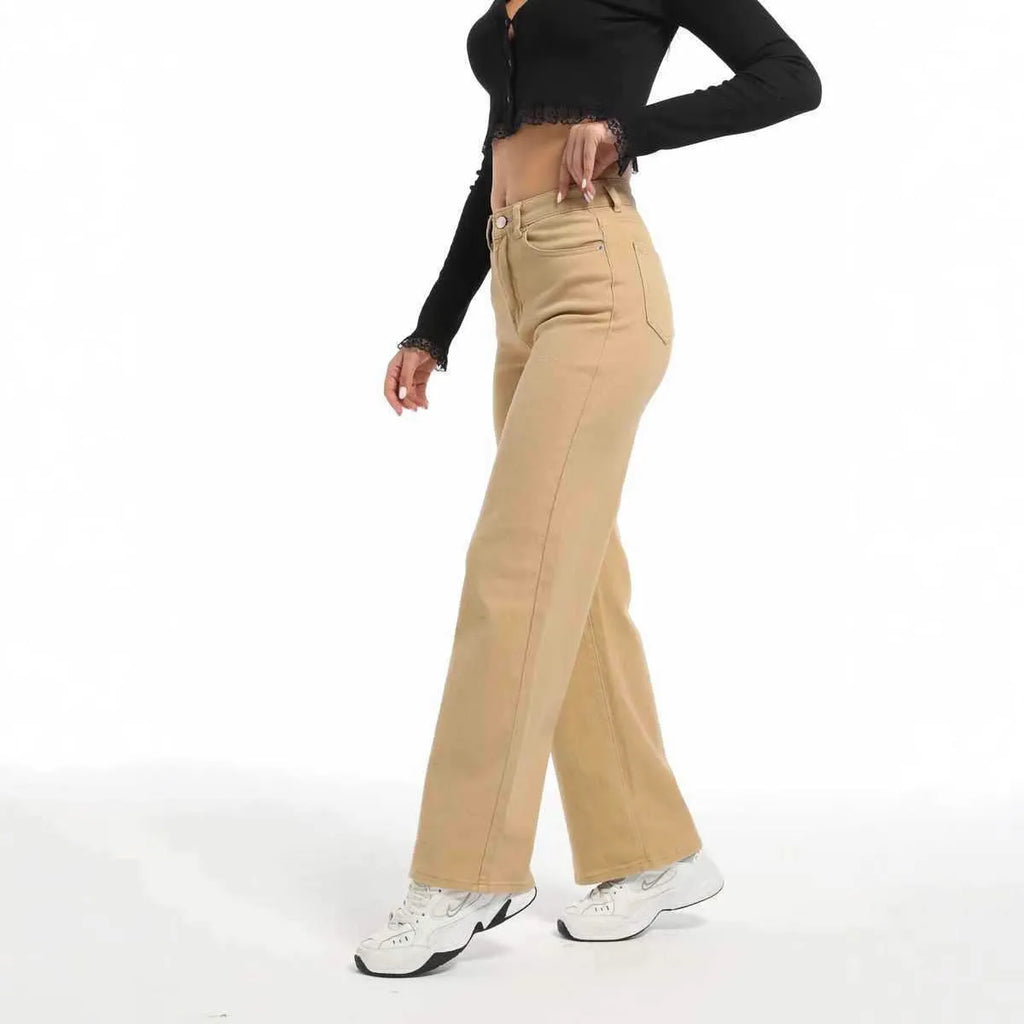 Women's high waist wide leg straight jeans in apricot colour with elastic cotton fabric