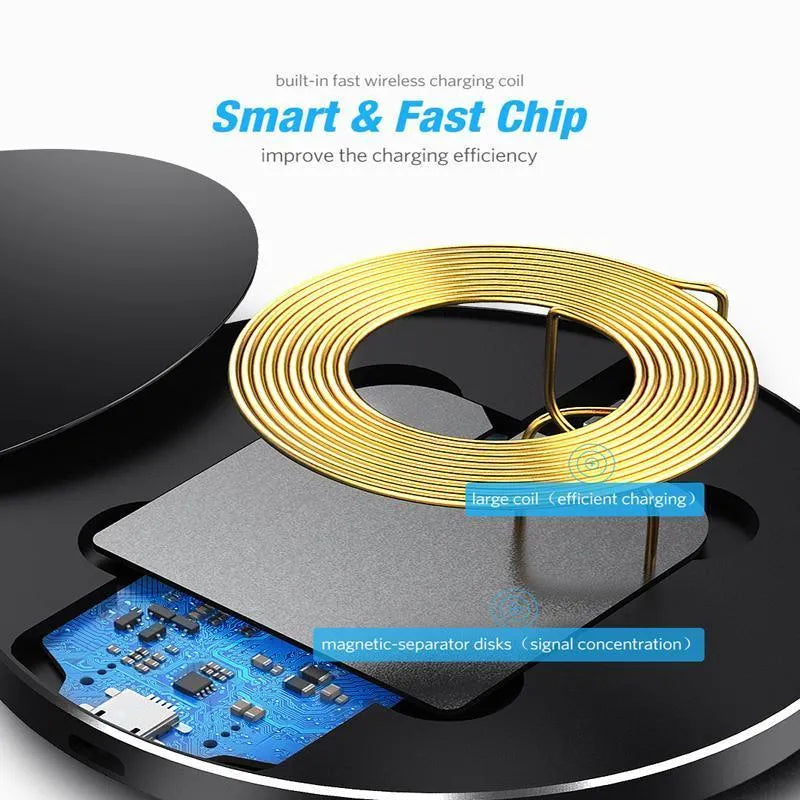 Black on black ultra-thin wireless fast charger with 98mm diameter aluminium construction