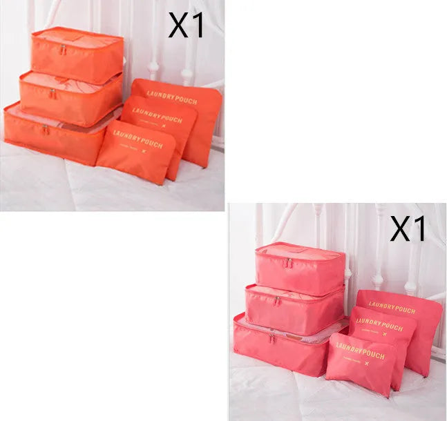 6 piece polyester travel storage bag set in hand bag type shape for clothes and cosmetic organisation, various colour options