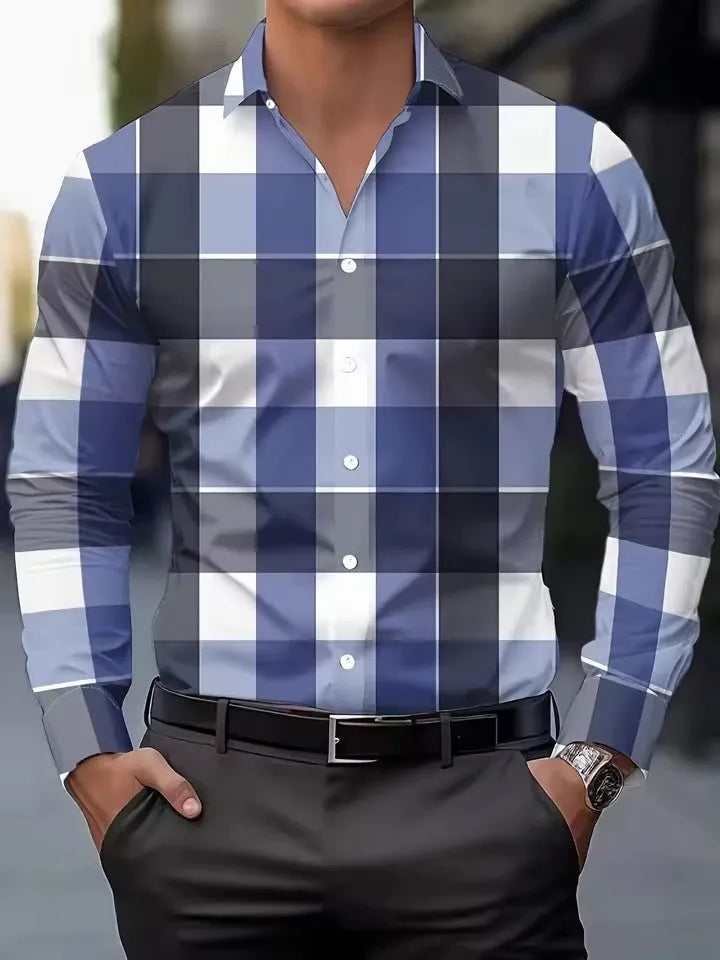 Men's striped polyester button-up shirt with lapel collar in multiple colour options