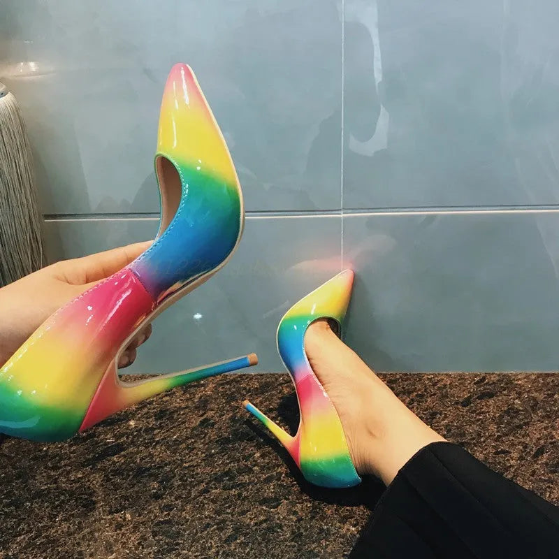 Rainbow patent leather women's high heels with pointed toe and thin stiletto heel