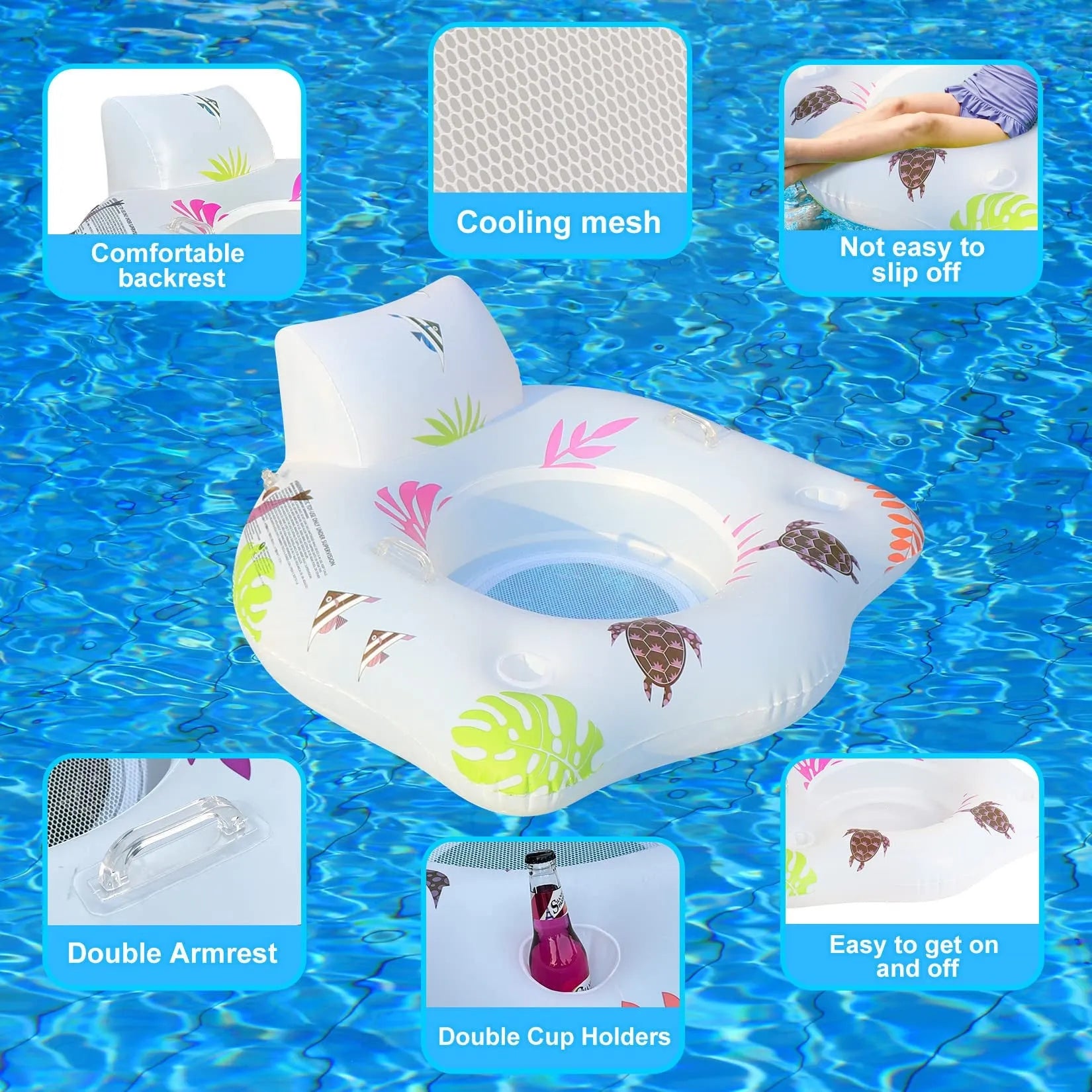 White U-shaped inflatable float with LED lights for pool lounging