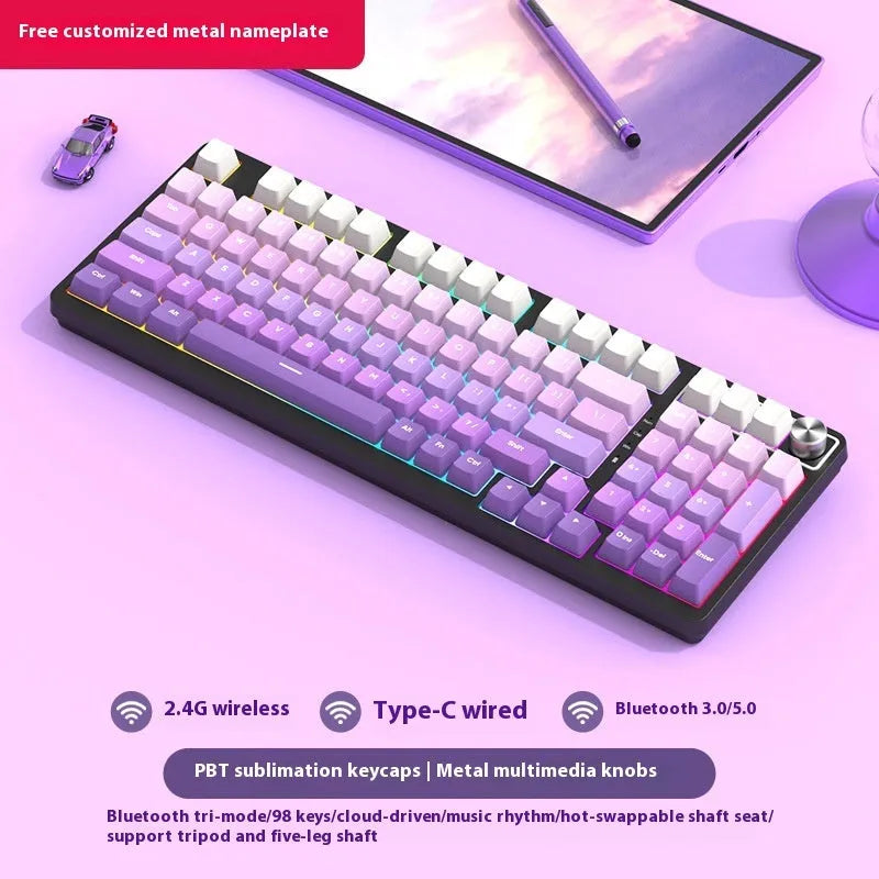 98-key wireless Bluetooth mechanical keyboard kit with metal knob and multiple colour background options