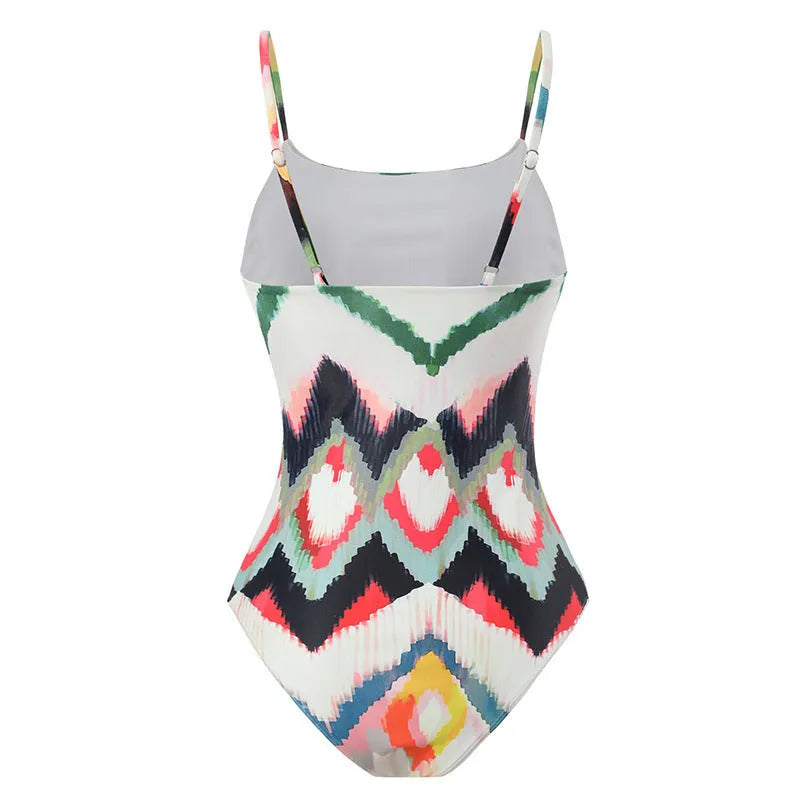 Women's gradient striped swimsuit set with matching hip skirt in polyester fabric