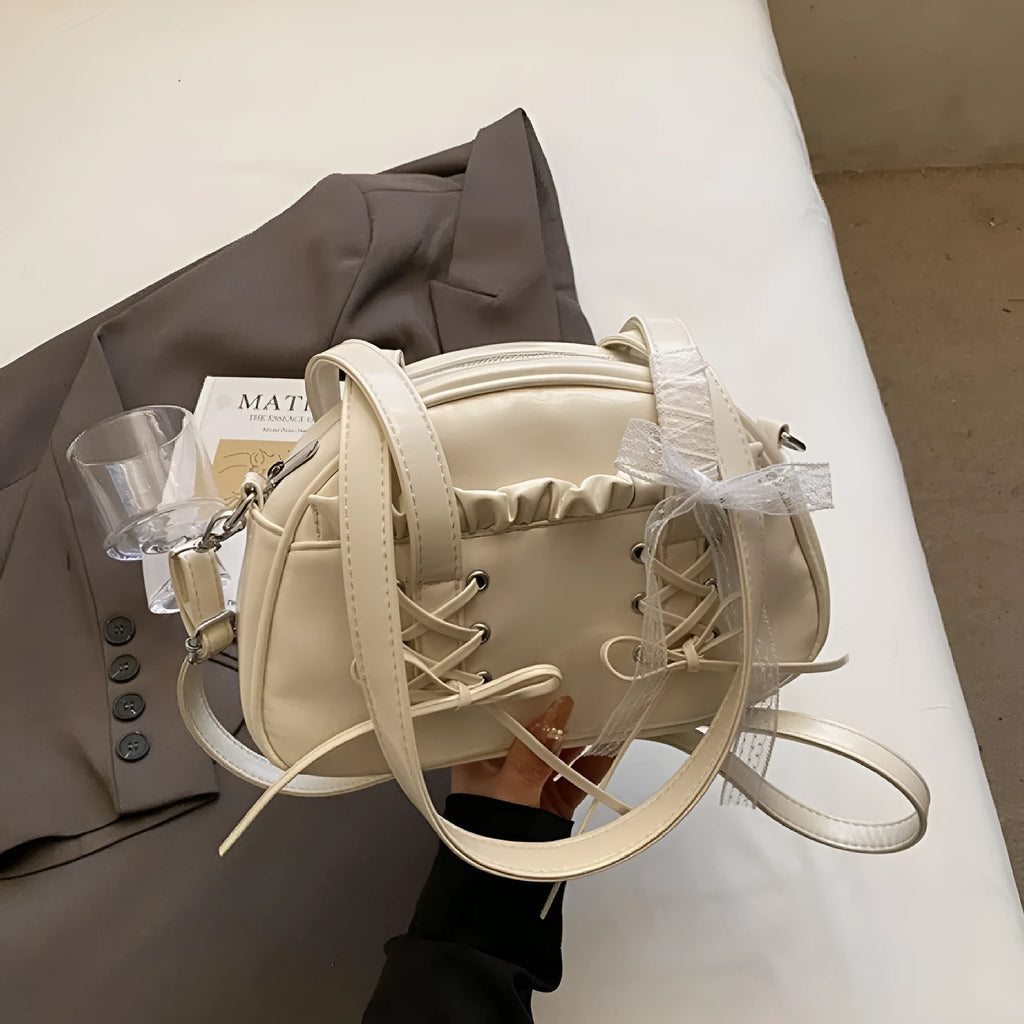 Women's bandage bow PU leather shoulder handbag with mobile phone compartment in beige colour