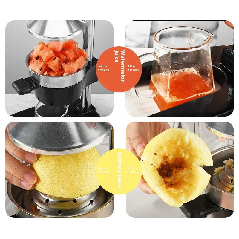 Black cast iron manual juice extractor with stainless steel strainer on a kitchen counter.