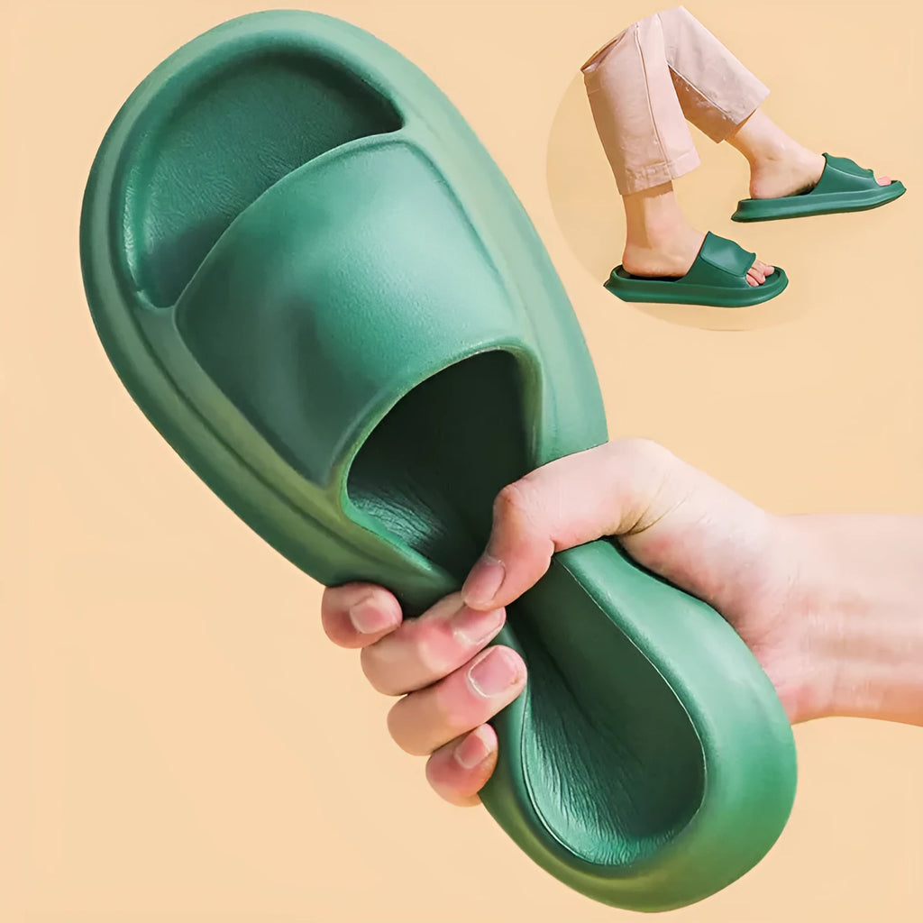 EVA flip-flop slippers with a thick sole in multiple colour options on a white background.