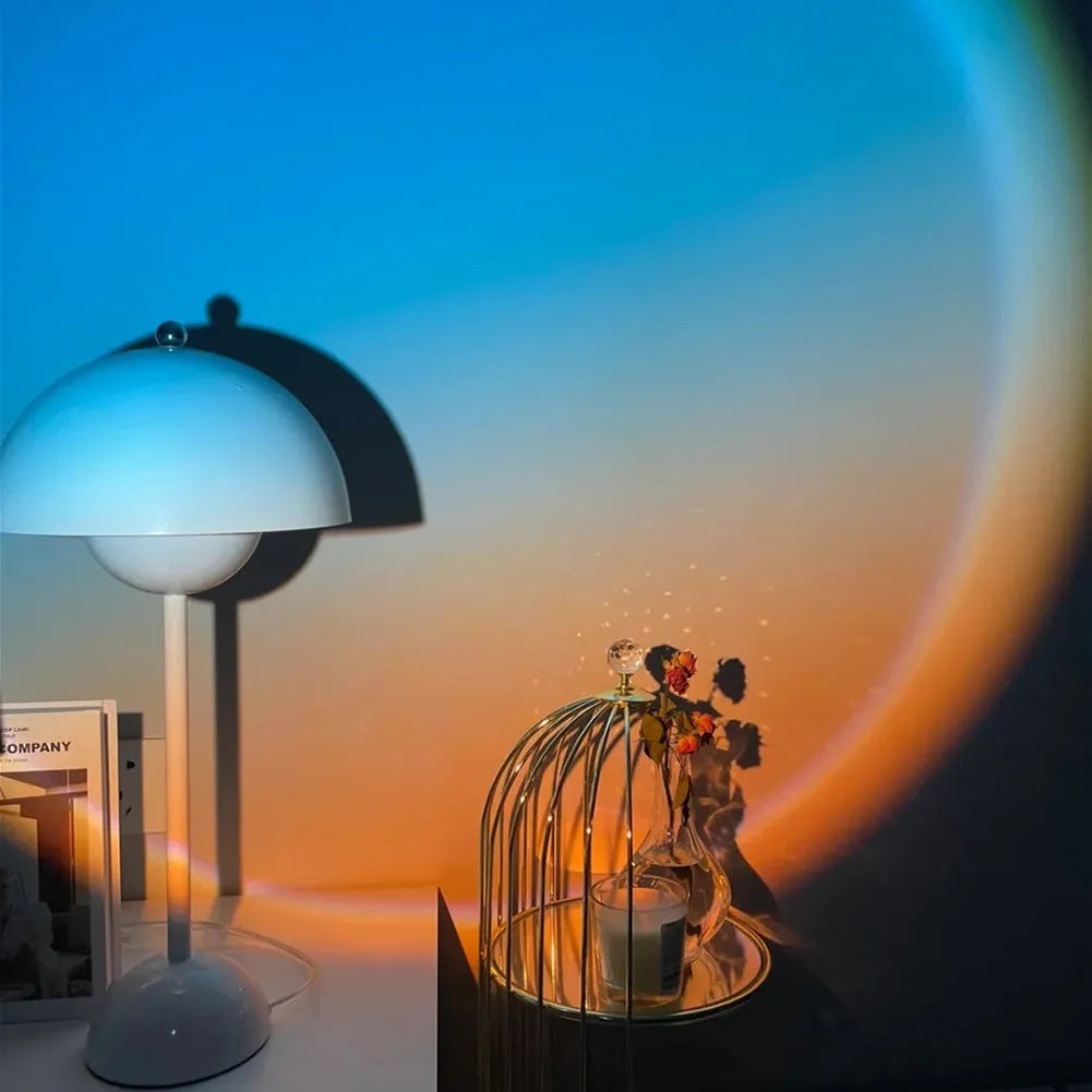 Black sunset lamp projector with metal lampshade lens on iron stand, USB cable, ambient glow effect