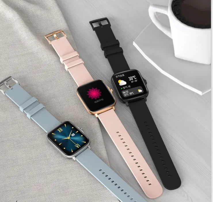 Blue smart sports watch with 1.7-inch touch screen on adjustable strap showing fitness tracking display