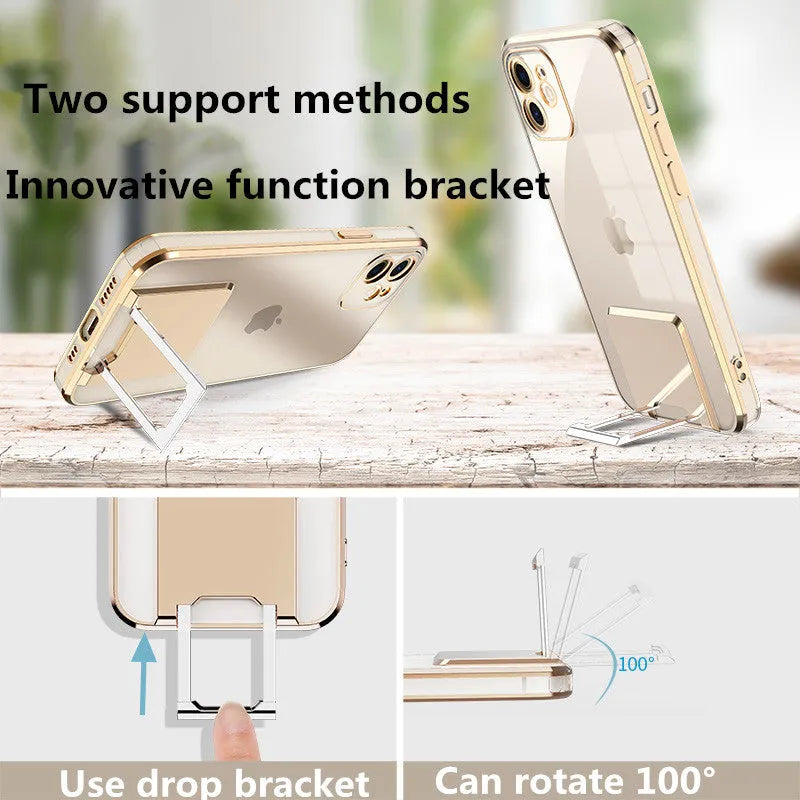 Transparent TPU bracket phone case with electroplating finish in blue, for iPhone 12 Pro Max