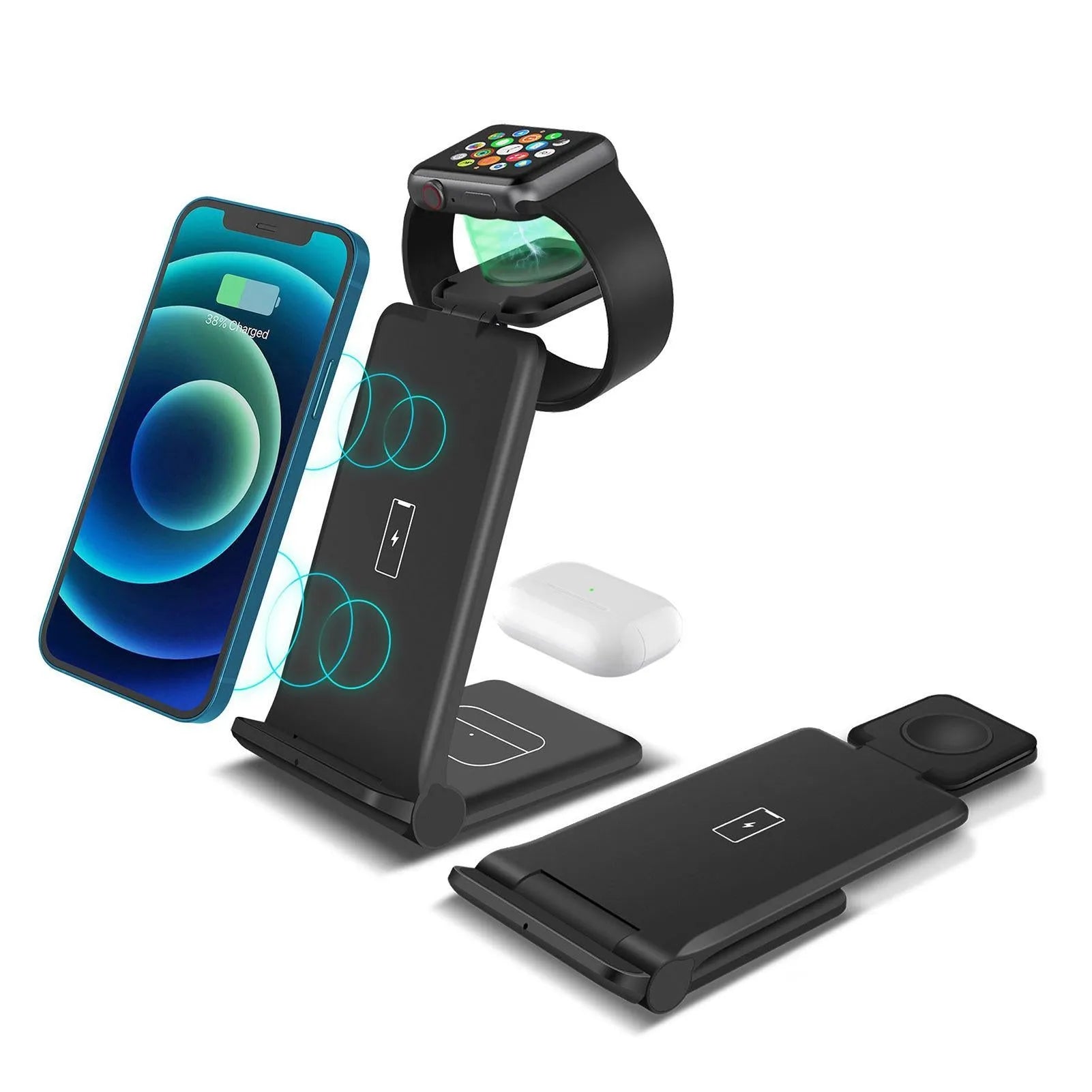 White 3-in-1 foldable wireless charging station for phone, Apple Watch, and AirPods on a desk.