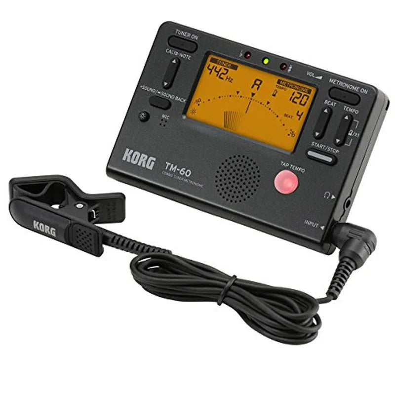 TM-60 black and white universal metronome tuner for piano guitar with digital display.