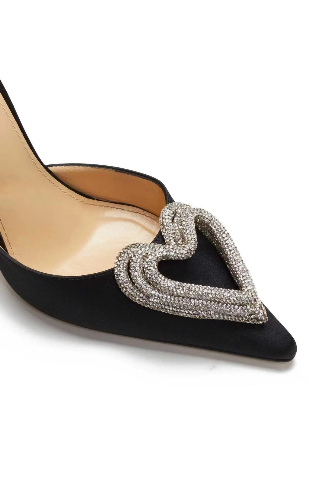 Women's black satin sandals with heart-shaped rhinestone toe and adjustable ankle strap