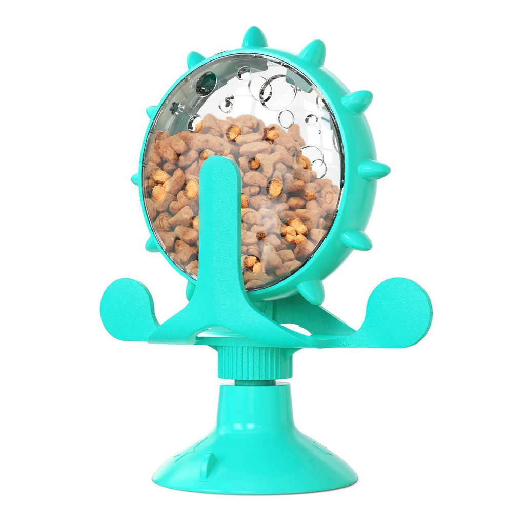 Interactive cat and dog puzzle feeder toy with bell spinner in blue green red yellow colours