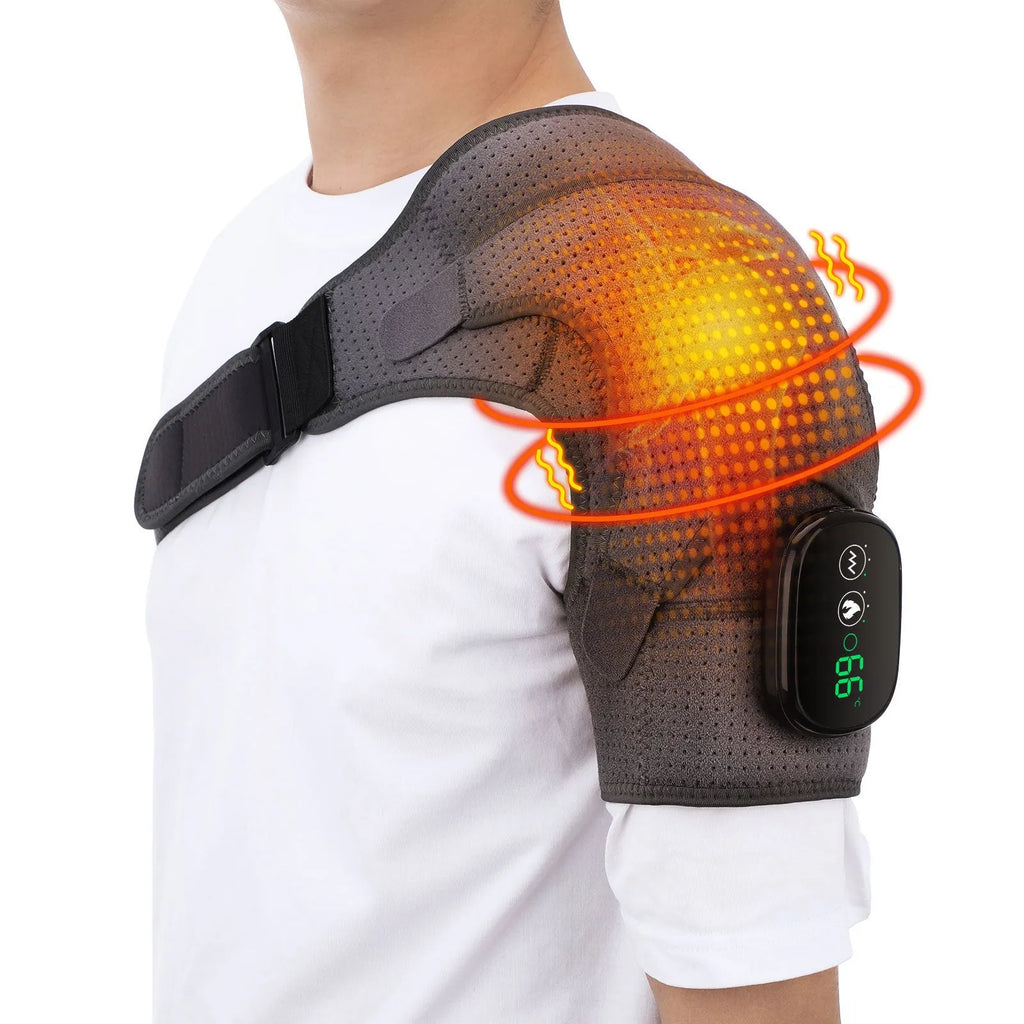 USB rechargeable electric heating shoulder pad in pure gray with adjustable long strap and short bandage