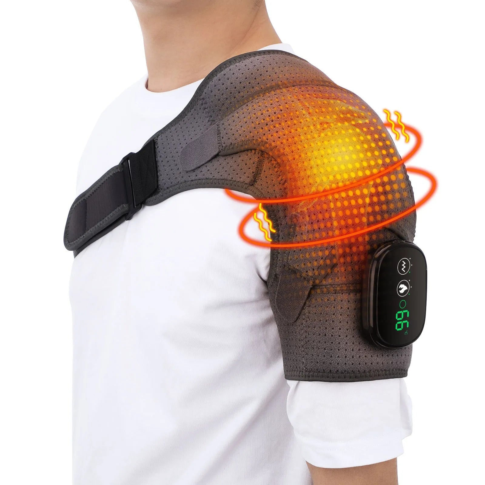 USB rechargeable electric heating shoulder pad in pure gray with adjustable long strap and short bandage