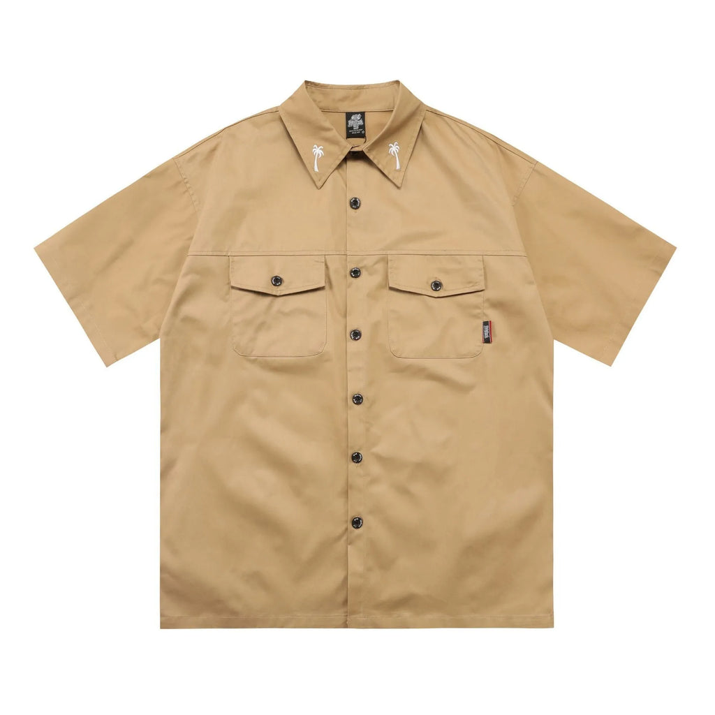Men's black cotton blend pocket shirt with embroidery detail and half sleeves in loose plus size fit
