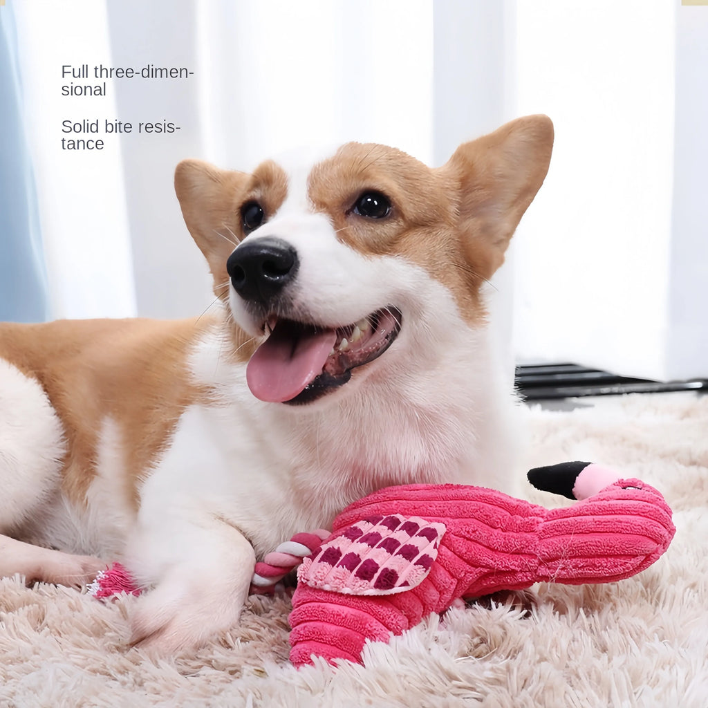 Pink corduroy animal-shaped squeaky dog toy with plush fabric and built-in squeaker